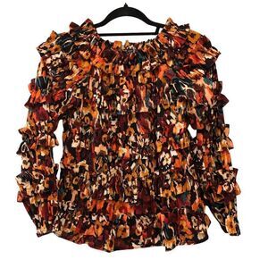 2/$30 Azi Womens Top Small Multicolor All Over Print Ruffle Hippie Blouse NWT